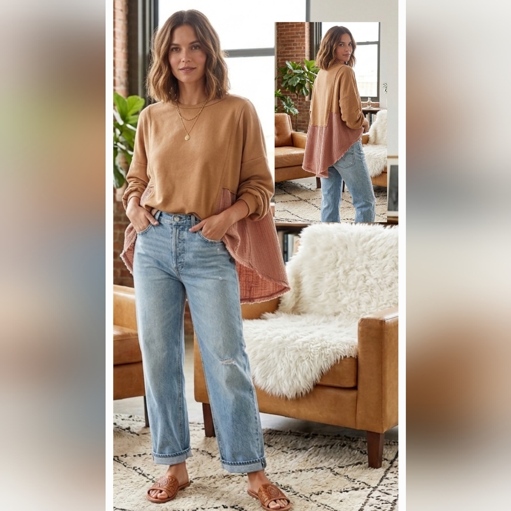 Casual Two-Tone Pullover Sweatshirt - Camel One Size